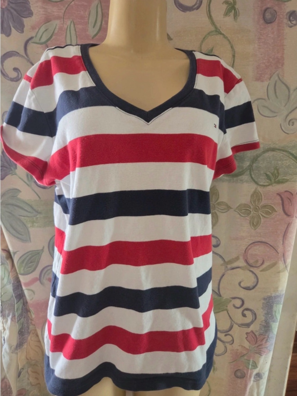 Tommy Hilfiger Red White and Navy Striped V-Neck Tee